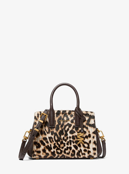 Michael Kors Laila Small Leopard Print Calf Hair Satchel BURNT KHAKI