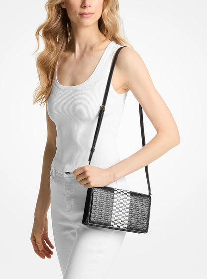Michael Kors Jet Set Medium Logo Embossed Leather Crossbody Bag BLACK/WHITE