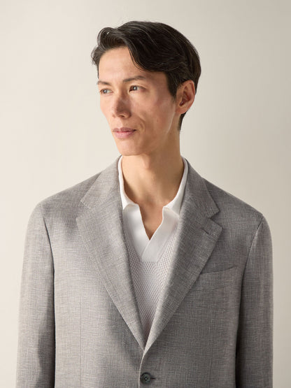 Zegna Dark Taupe And White Crossover Linen Wool And Silk Blend Jacket