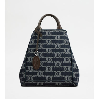 Tods Double Up Shopping Bag In Denim And Leather Medium Blue Brown