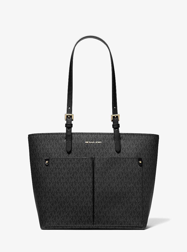 Jet Set Medium Logo Pocket Tote Bag Black Black