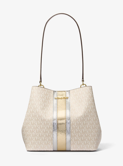 Pratt Medium Signature Logo and Metallic Shoulder Bag Pale Gold Pale Gold