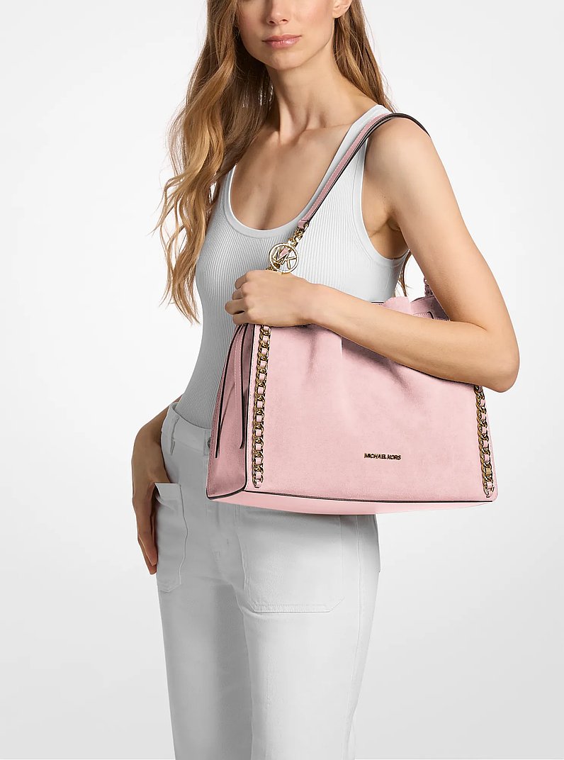 Mina Large Suede Chain Shoulder Bag Powder Blush Powder Blush