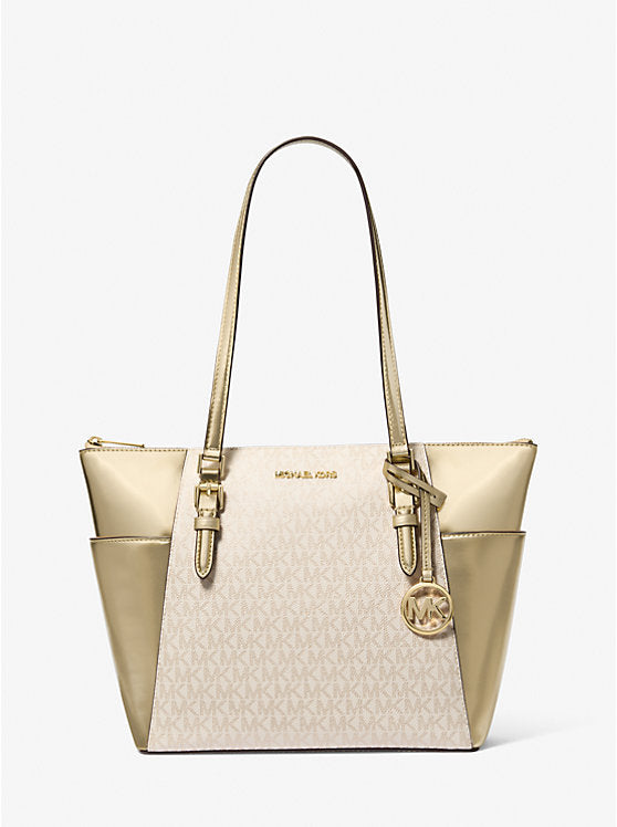 Micheal Kors Charlotte Large Signature Logo and Metallic Top-Zip Tote Bag Pale Gold