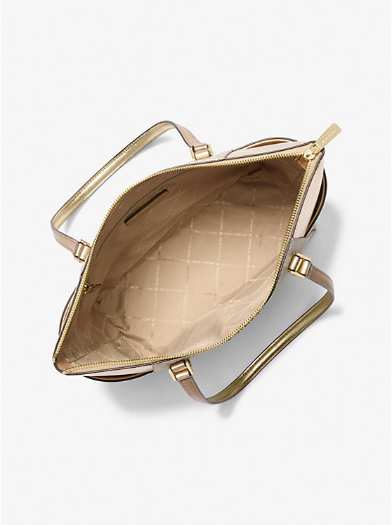 Charlotte Large Signature Logo and Metallic Top-Zip Tote Bag Pale Gold