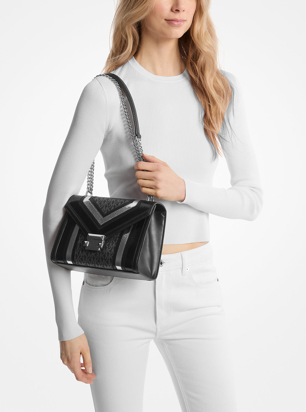 Whitney Medium Signature Logo and Metallic Shoulder Bag Black Combo Black Combo