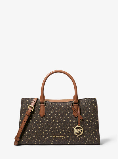 Arden Medium Printed Signature Logo Satchel Brown Brown