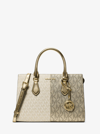 Sheila Medium Two-Tone Metallic Signature Logo Satchel Pale Gold Pale Gold