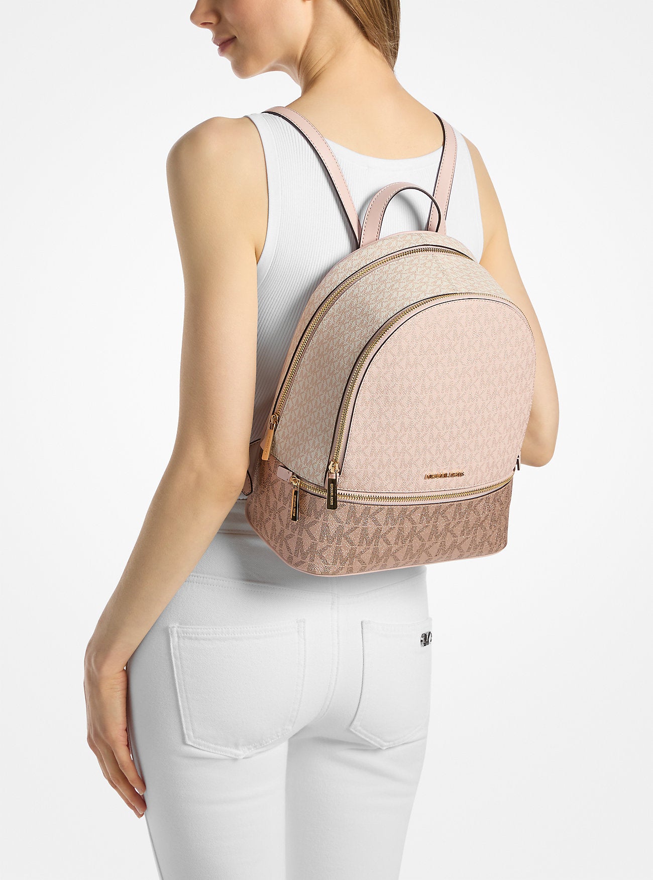 Rhea Medium Metallic Signature Logo Backpack Powder Blush Powder Blush