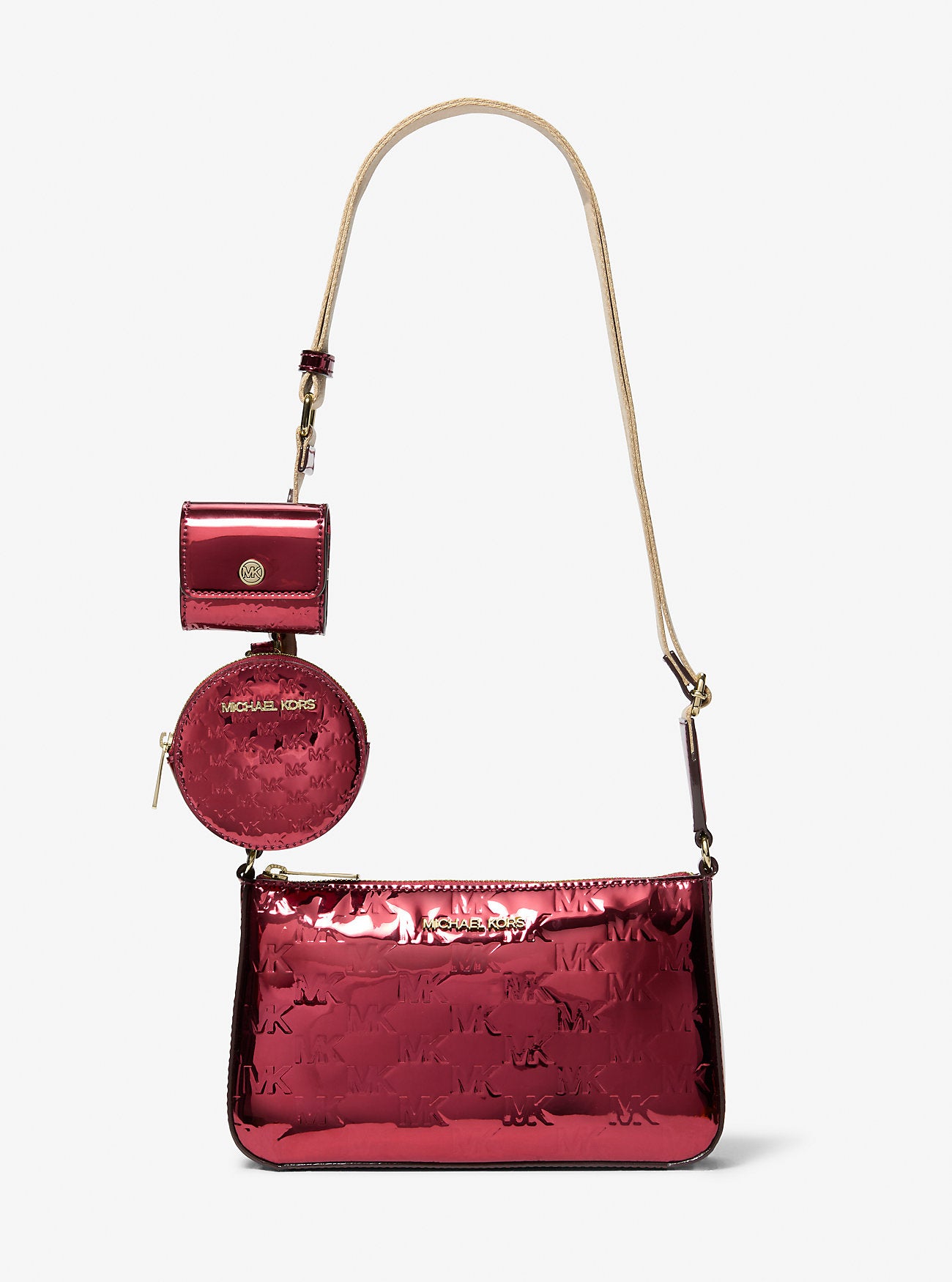Jet Set Small Metallic Logo Debossed Crossbody Bag with Case for Apple Airpods Pro® Cherry Cherry