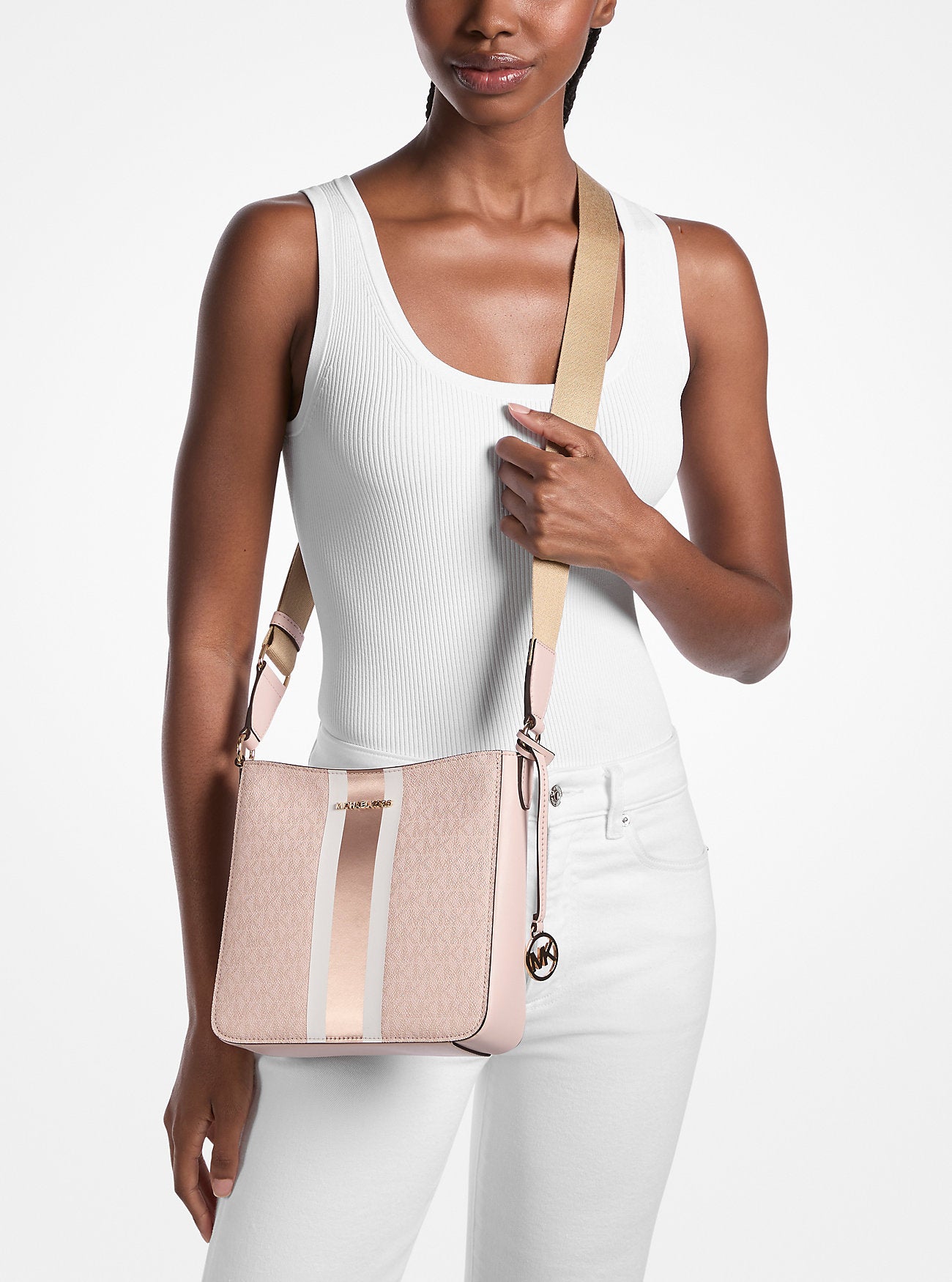 Jet Set Small Signature Logo Stripe Crossbody Bag Powder Blush Powder Blush