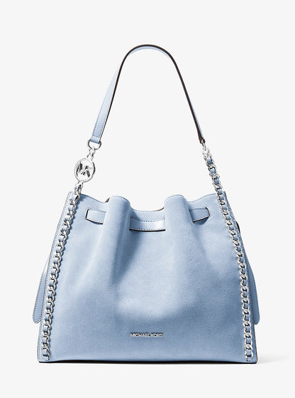 Mina Large Suede Chain Shoulder Bag Pale Ocean Pale Ocean
