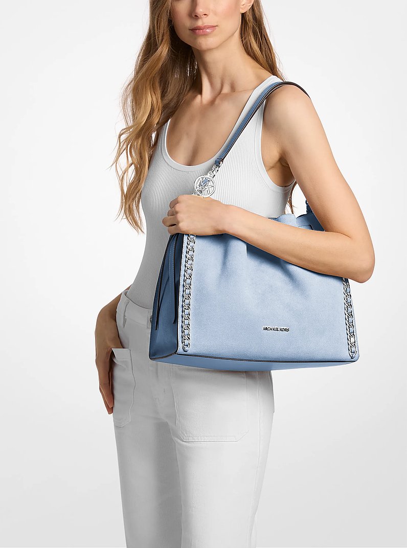 Mina Large Suede Chain Shoulder Bag Pale Ocean Pale Ocean