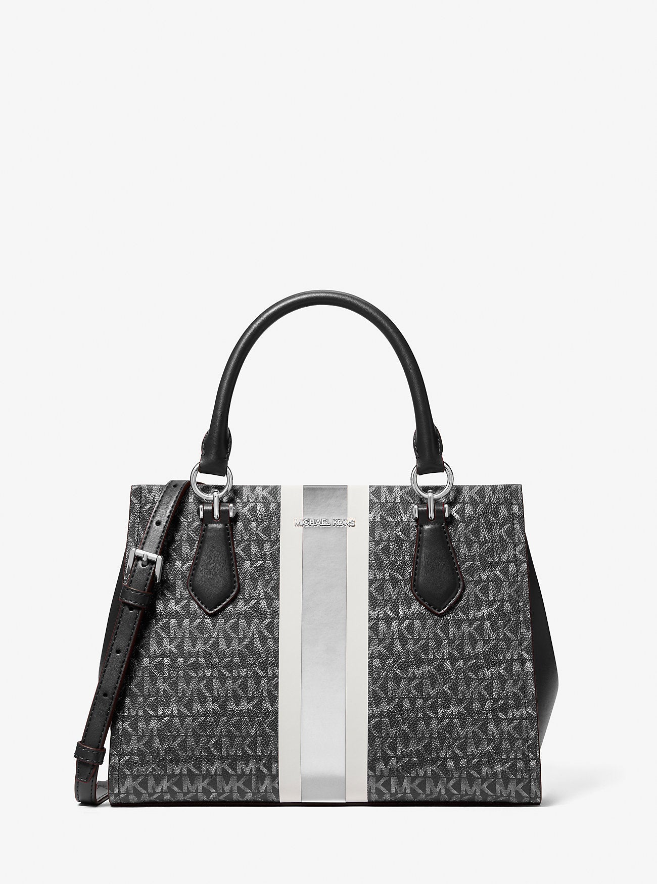 Marilyn Medium Signature Logo Stripe Satchel Black Black
