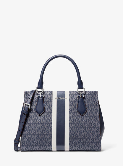 Marilyn Medium Signature Logo Stripe Satchel Navy Navy