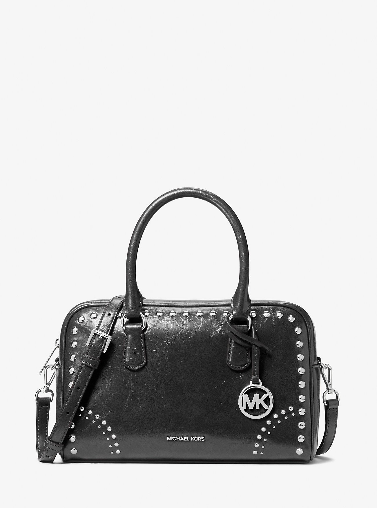 Thompson Medium Distressed Studded Satchel Black Black