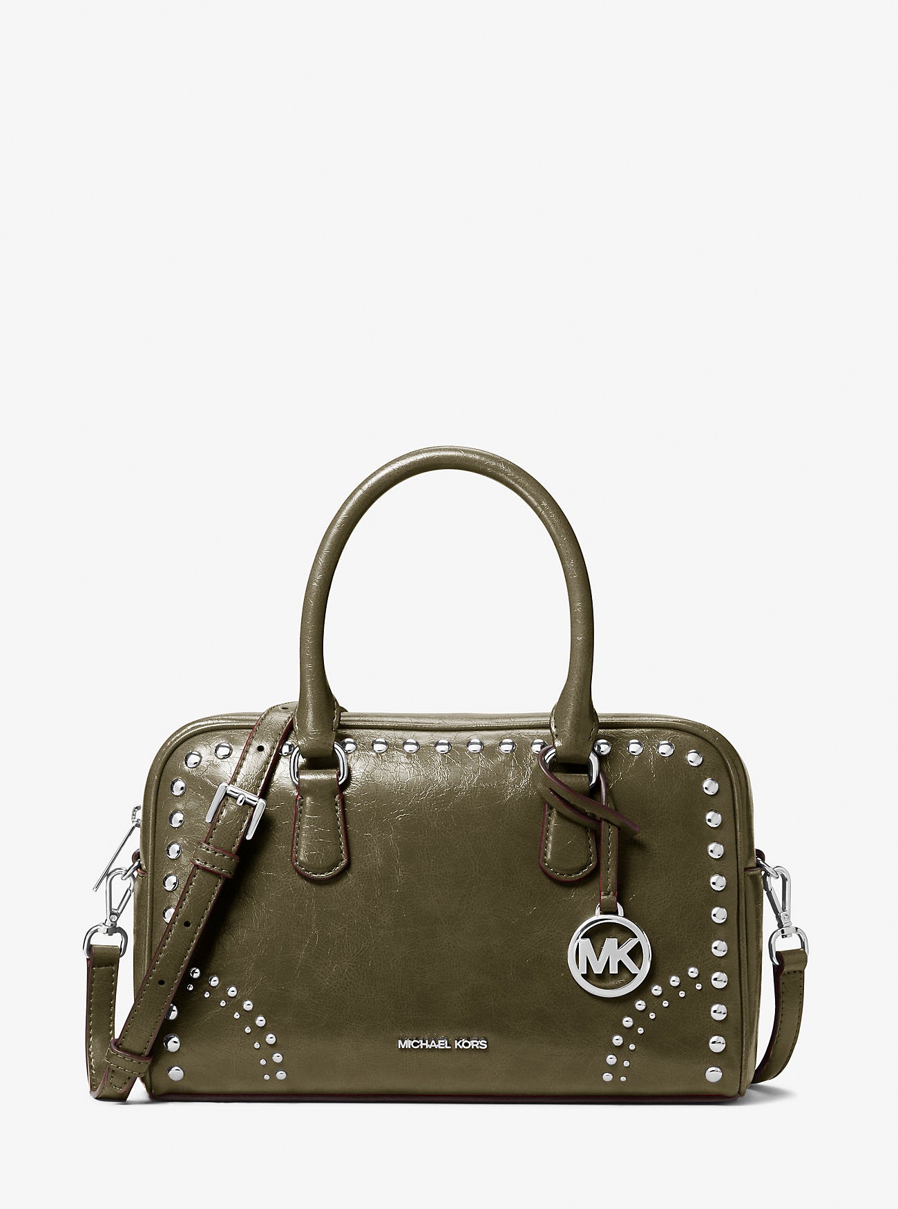 Thompson Medium Distressed Studded Satchel Olive Olive