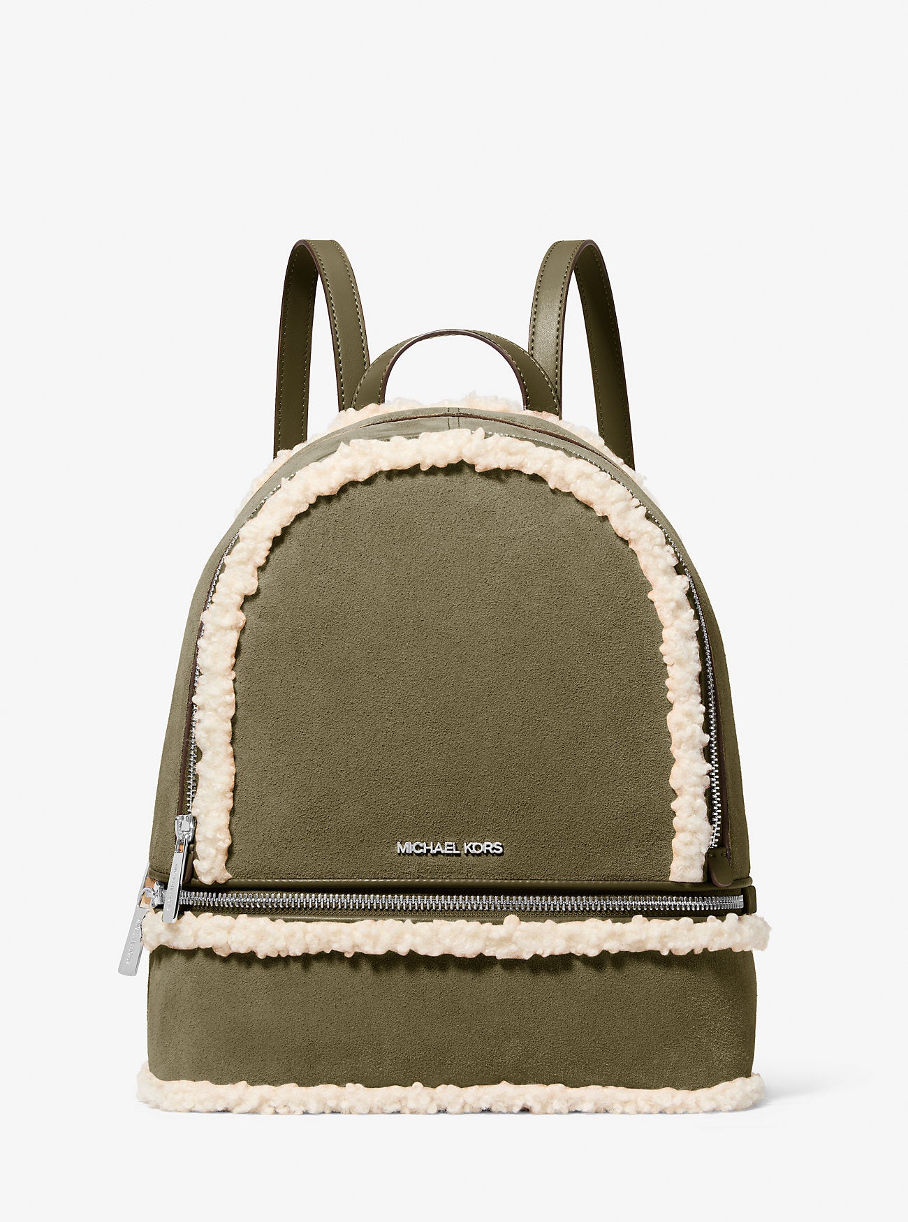 Rhea Medium Suede and Faux Shearling Backpack Olive Olive