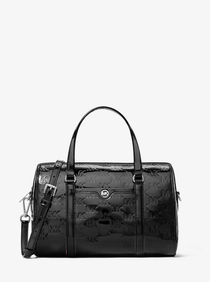 Jet Set Medium Patent Logo Debossed Duffel Crossbody Bag Black Black