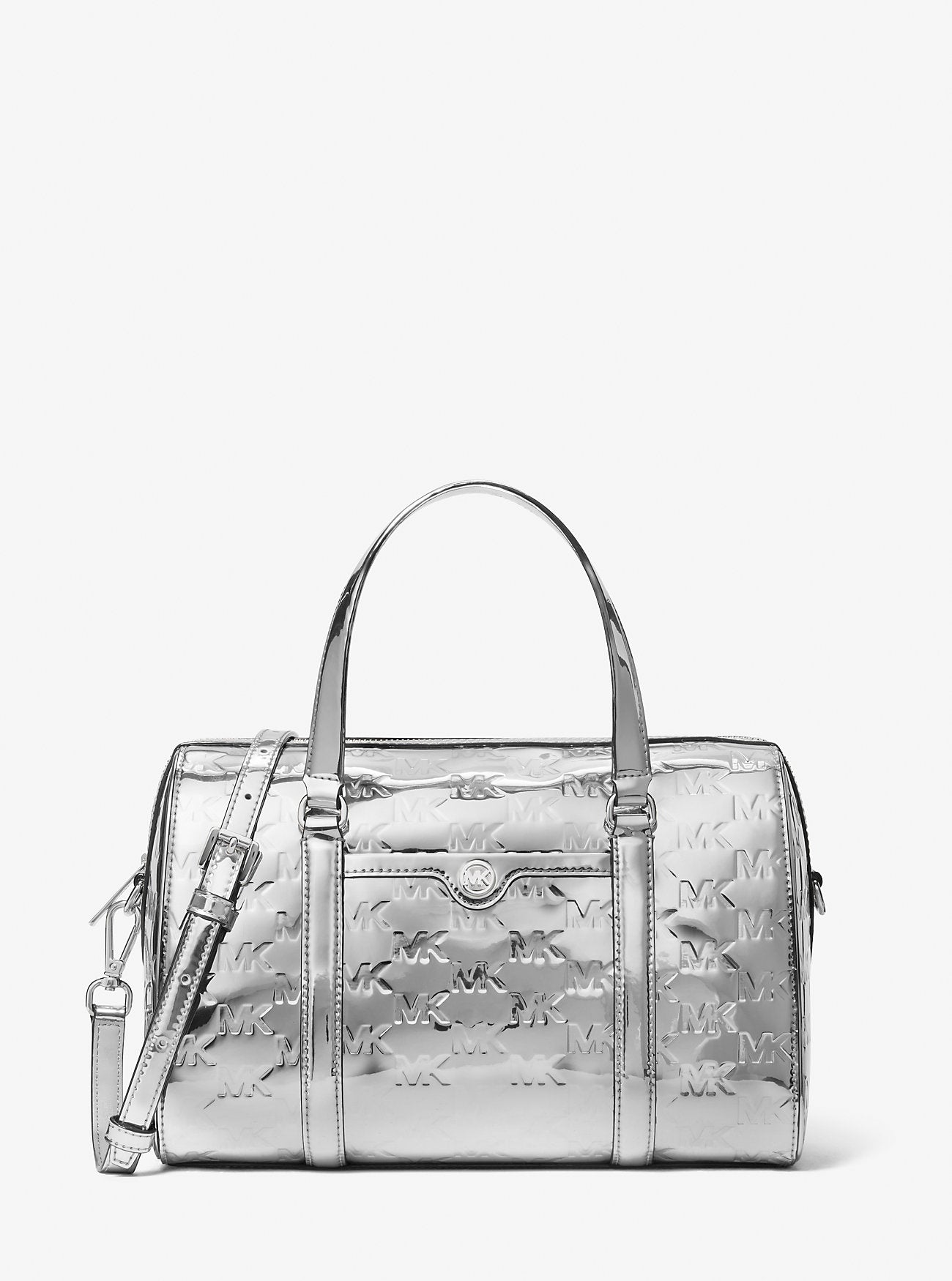 Jet Set Medium Patent Logo Debossed Duffel Crossbody Bag Silver Silver