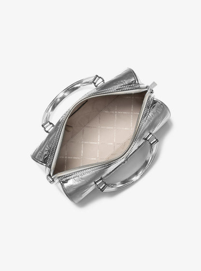 Jet Set Medium Patent Logo Debossed Duffel Crossbody Bag Silver Silver