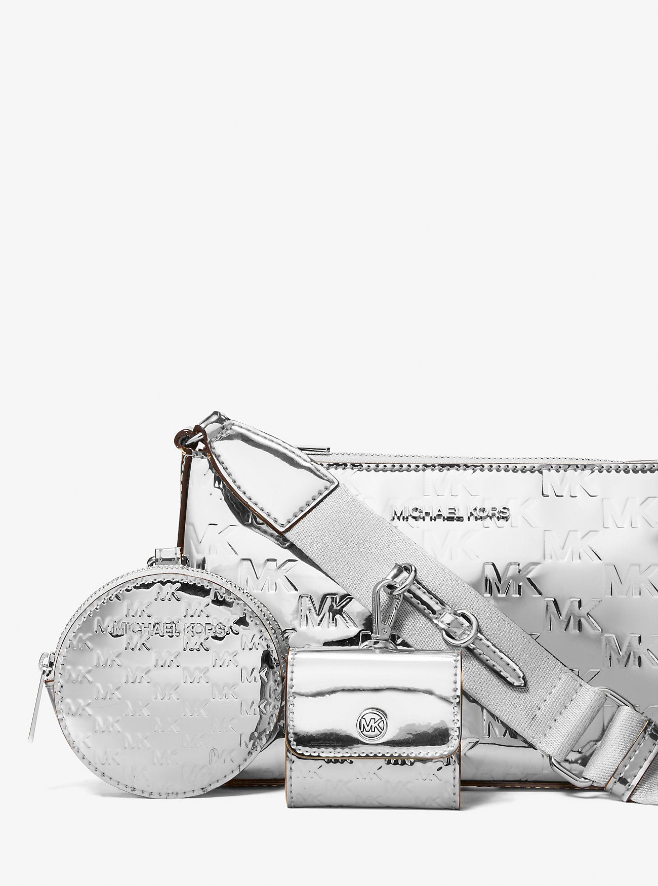 Jet Set Small Patent Logo Debossed Crossbody Bag with Case for Apple Airpods Pro® Silver Silver