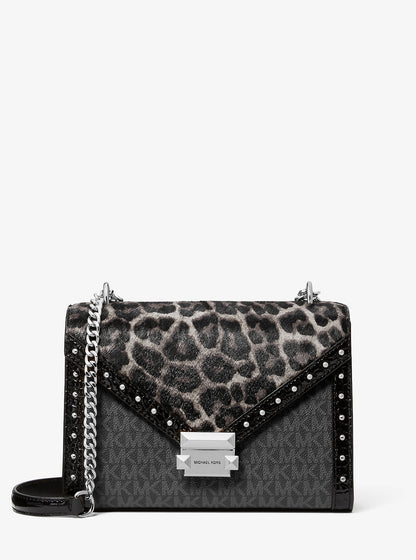 Whitney Medium Signature Logo and Leopard Print Calf Hair Shoulder Bag Black Black