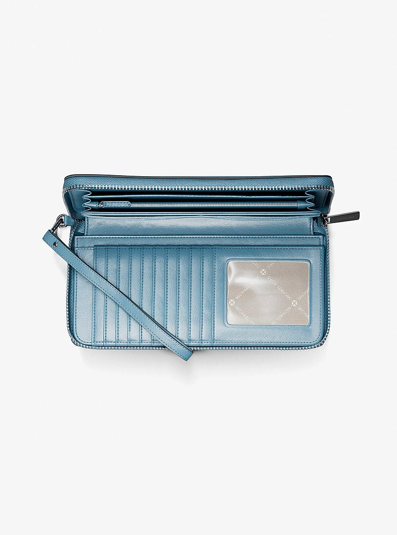 Large Pebbled Leather Continental Wallet Denim Denim