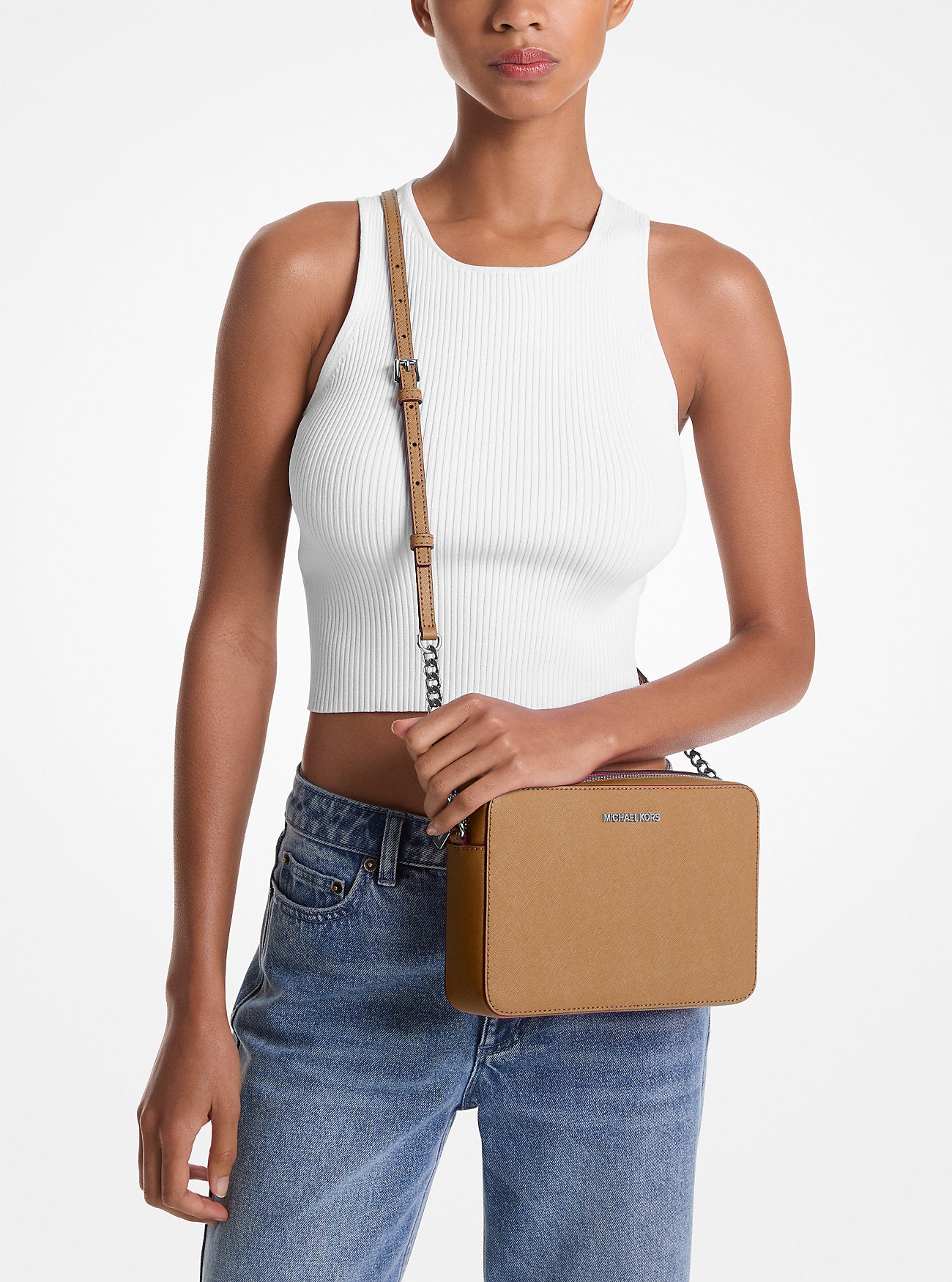 Jet Set Large Saffiano Leather Crossbody Bag Peanut Peanut