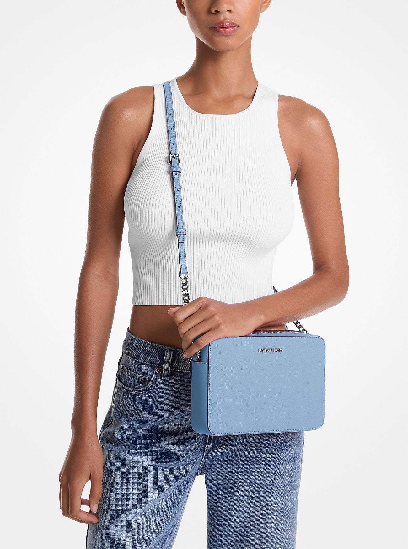 Jet Set Large Saffiano Leather Crossbody Bag Light Sky Light Sky