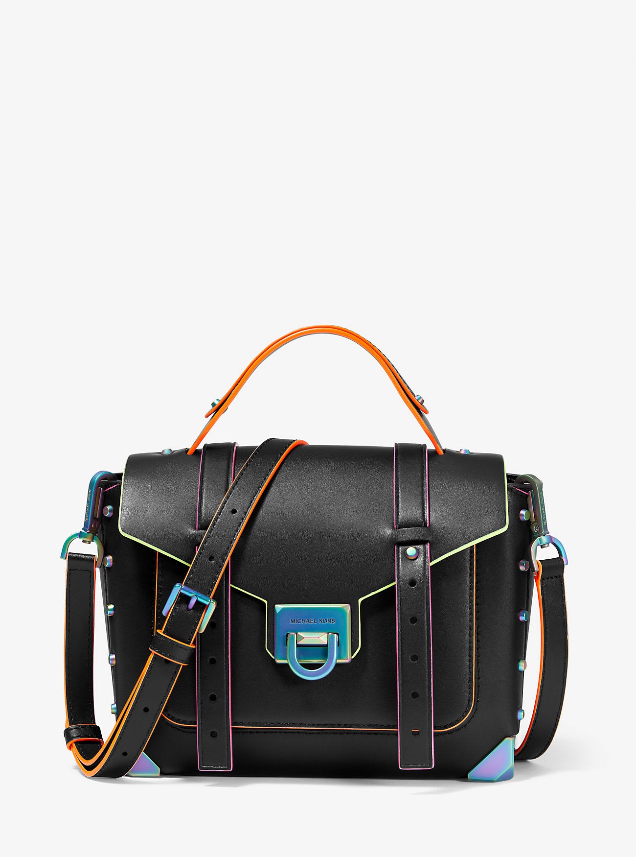 Manhattan Medium Contrast-Trim Leather Satchel Black Black