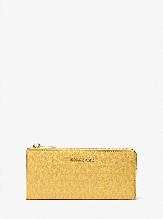Micheal Kors Jet Set Travel Large Signature Logo Quarter-Zip Wallet Daisy Yellow