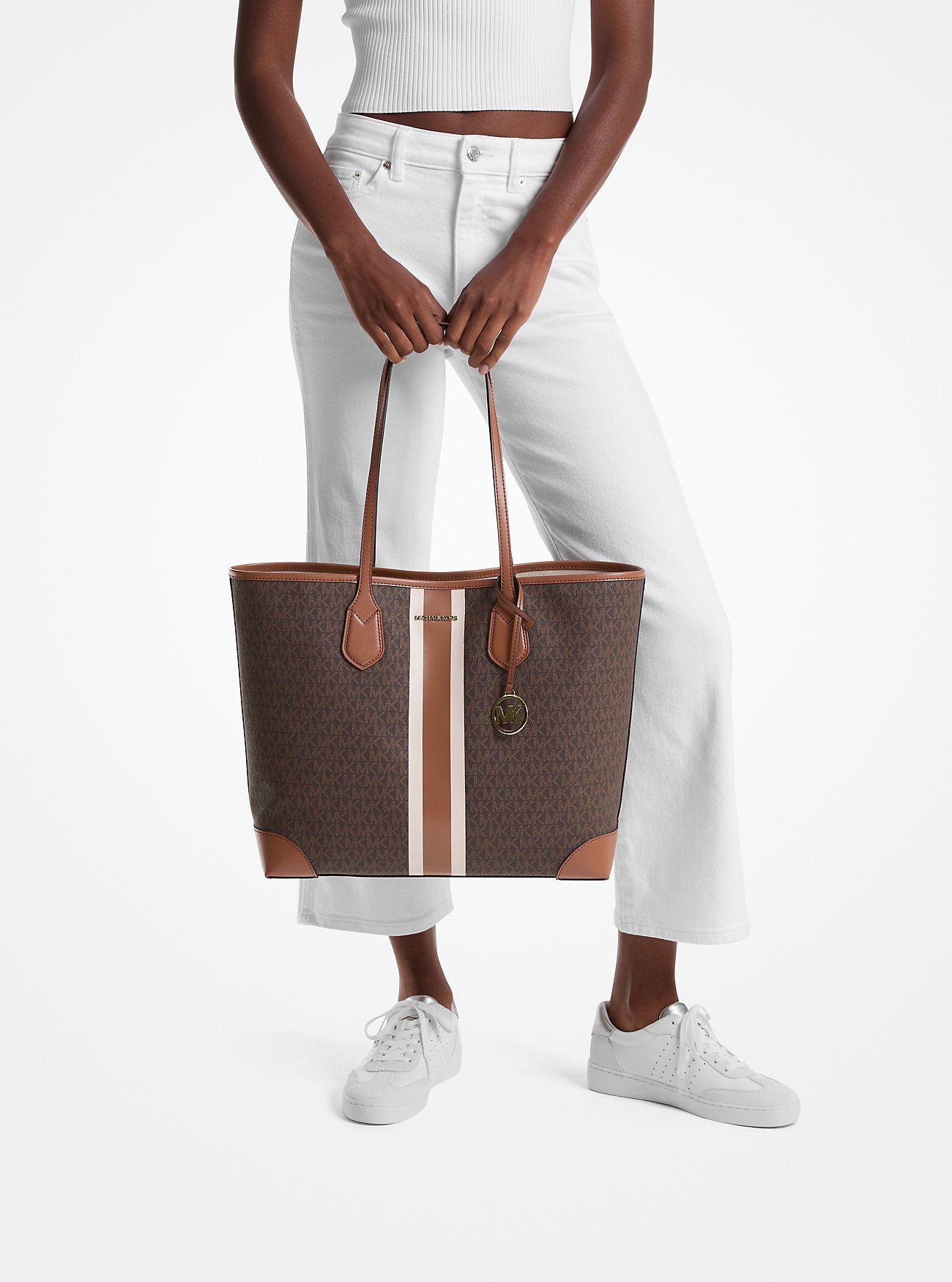 Eva Large Signature Logo Stripe Tote Bag Brown Brown