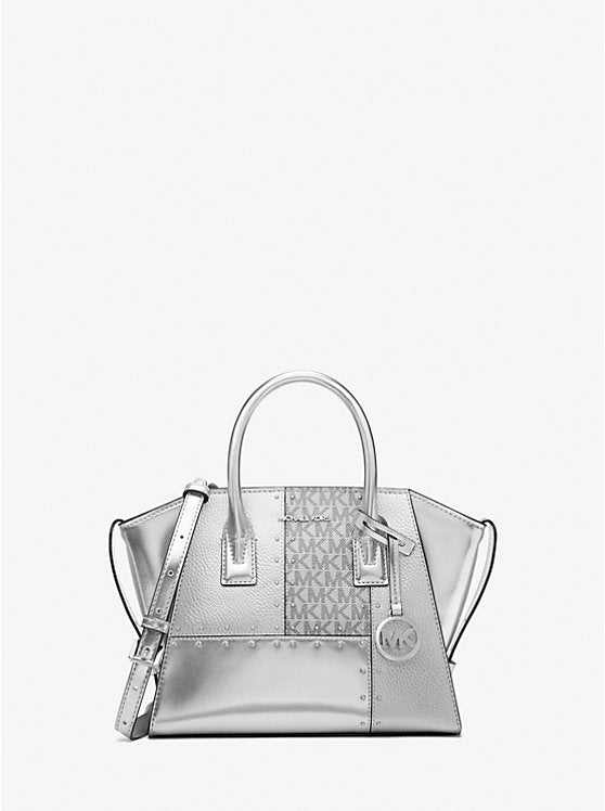 Micheal Kors Avril Small Metallic Studded Patchwork and Signature Logo Satchel 