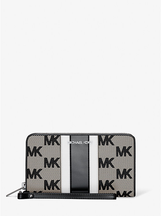 Micheal Kors Jet Set Travel Large Striped Logo Jacquard Smartphone Wristlet Black