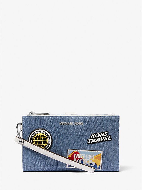 Micheal Kors Jet Set Travel Large Embellished Denim Wristlet Denim