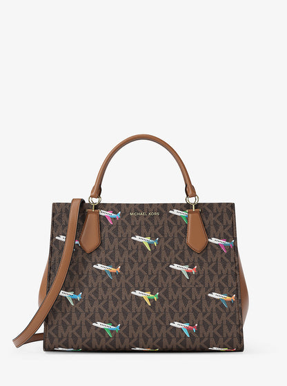 Marilyn Medium Printed Signature Logo Satchel Brown Brown