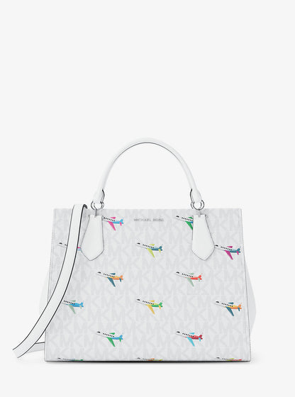 Marilyn Medium Printed Signature Logo Satchel Optic White Optic White