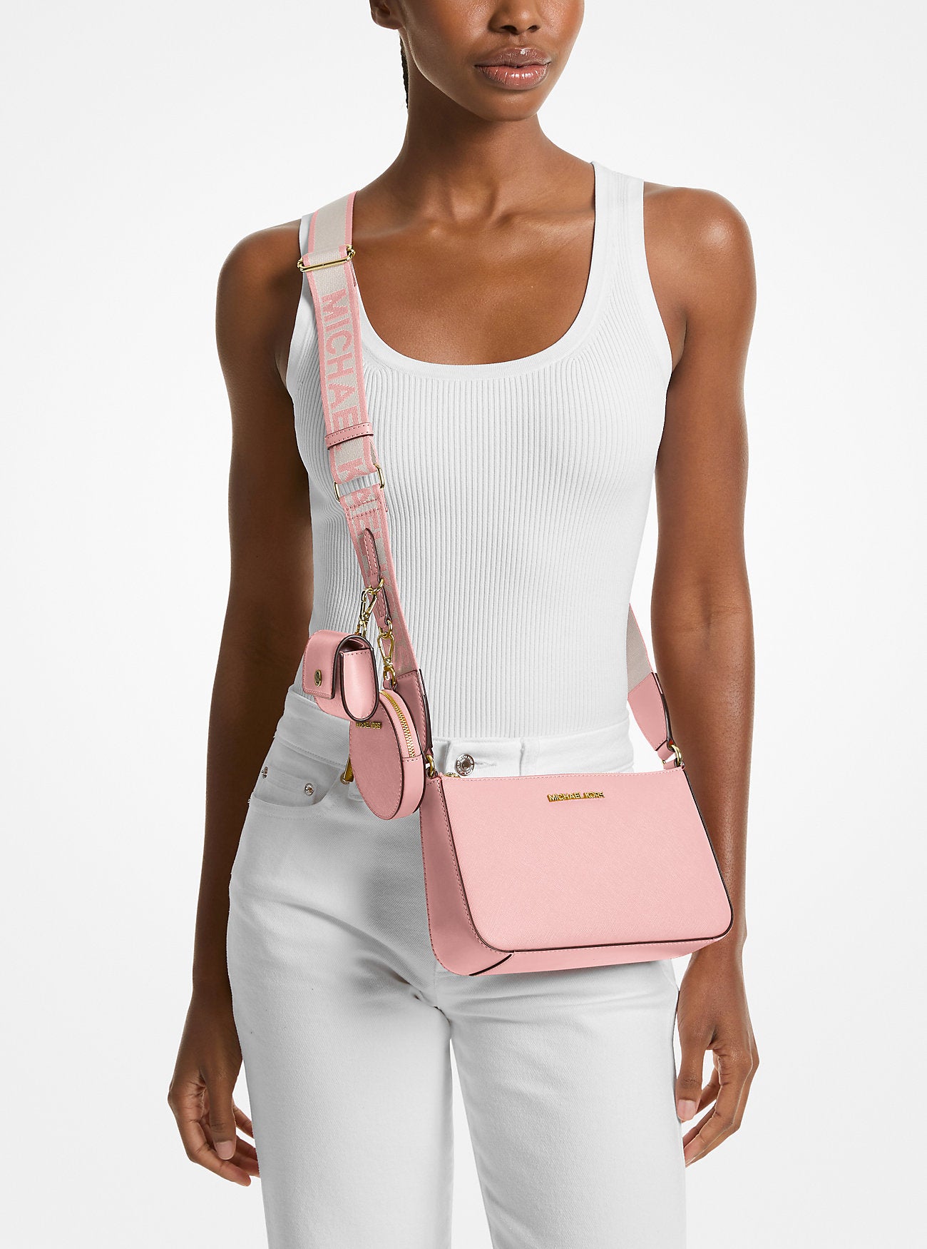 Jet Set Saffiano Leather Crossbody Bag with Case for Apple Airpods Pro Powder Blush Powder Blush