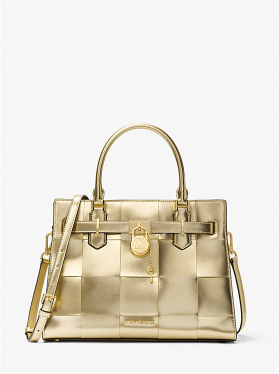 Micheal Kors Hamilton Medium Metallic Satchel Pale Gold
