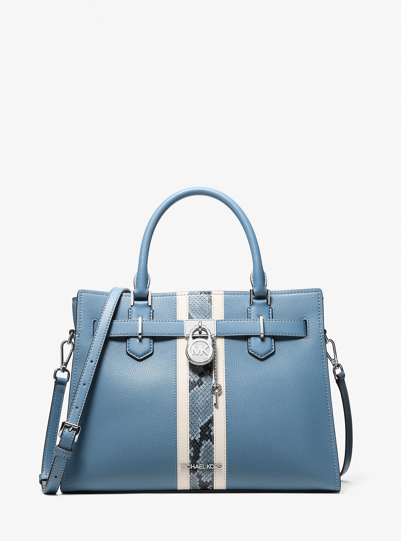 Hamilton Medium Leather and Snake Embossed Stripe Satchel Cornflower Cornflower