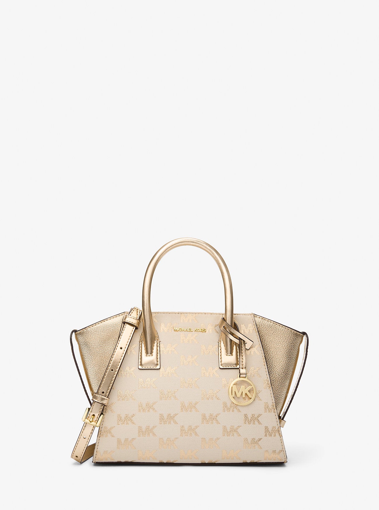 Avril Small Logo Jacquard and Metallic Leather Satchel Pale Gold Pale Gold