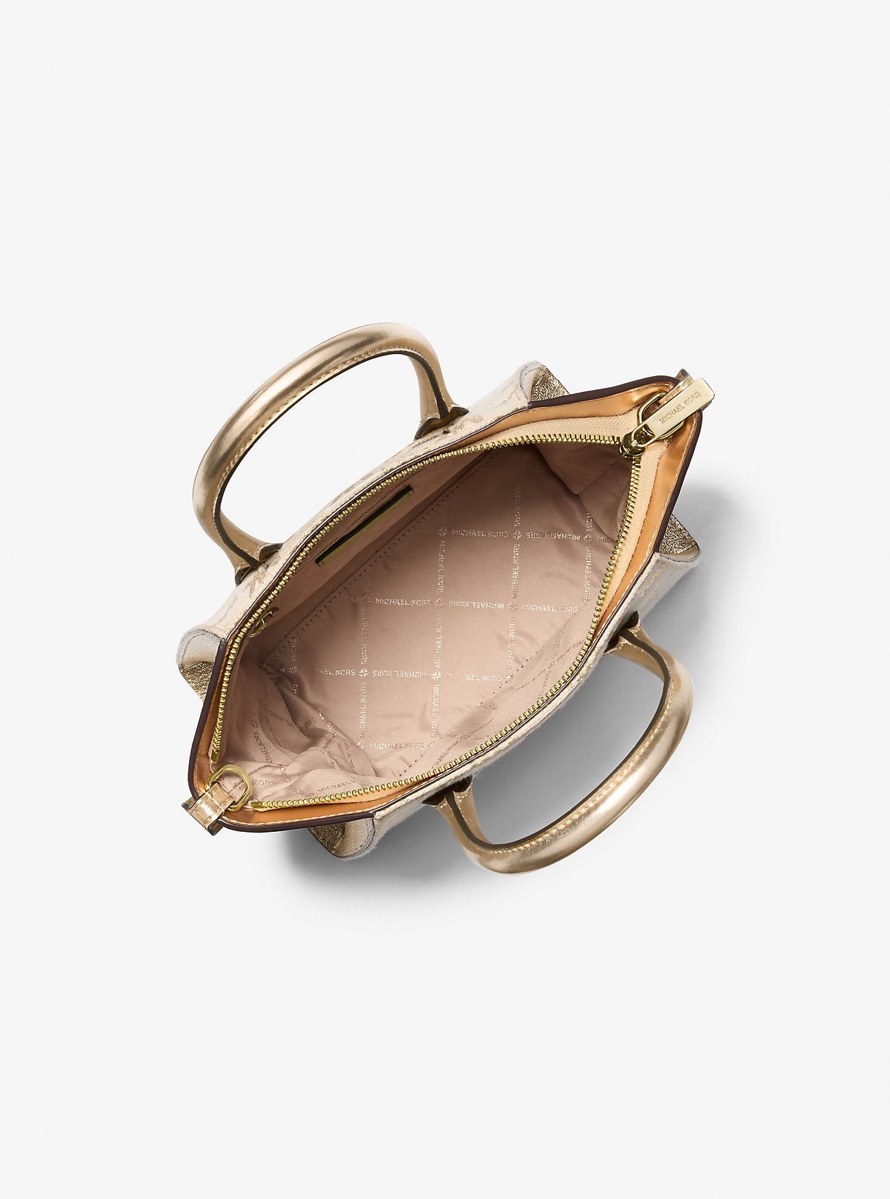 Avril Small Logo Jacquard and Metallic Leather Satchel Pale Gold Pale Gold