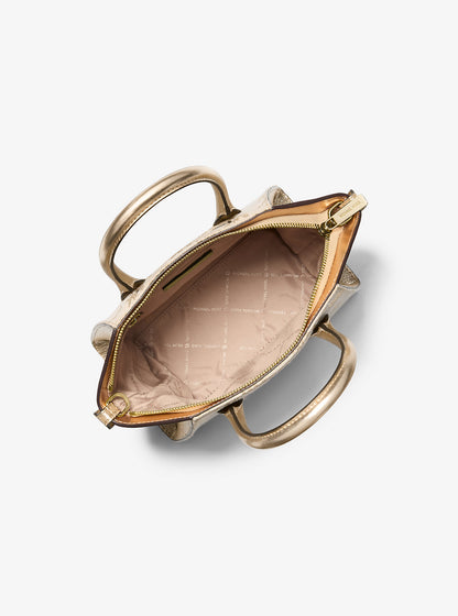 Avril Small Logo Jacquard and Metallic Leather Satchel Pale Gold Pale Gold