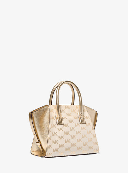 Avril Small Logo Jacquard and Metallic Leather Satchel Pale Gold Pale Gold