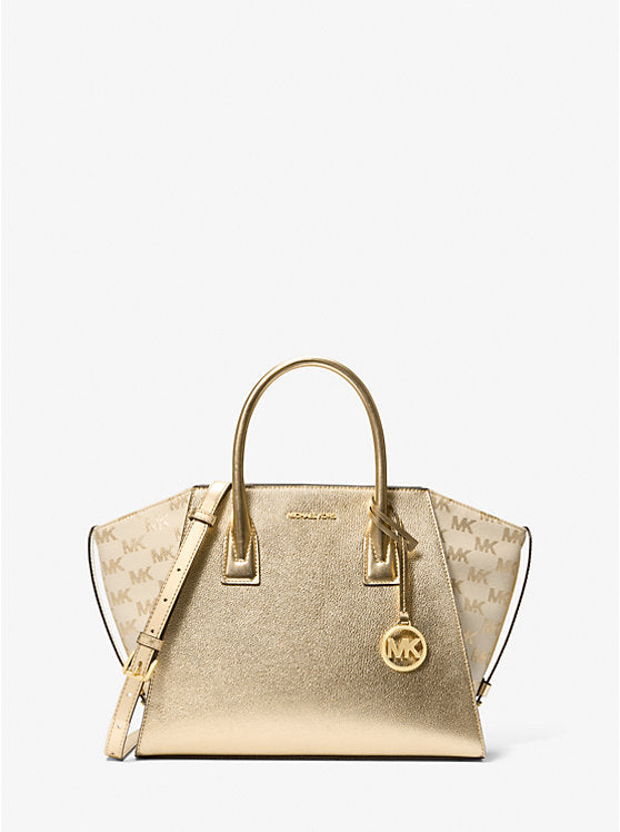 Micheal Kors Avril Large Metallic Leather and Logo Jacquard Satchel Pale Gold