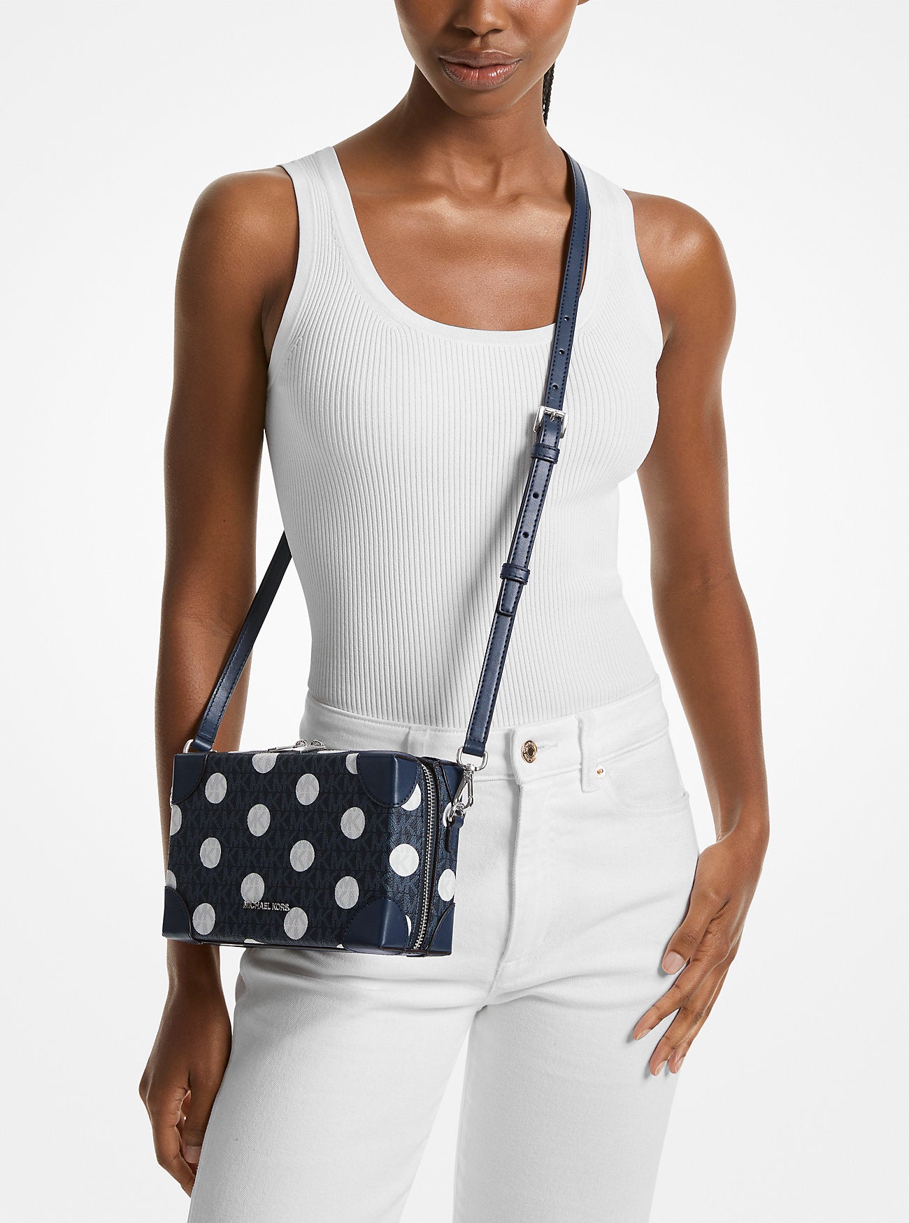 Jeanie Small Polka Dot Signature Logo Trunk Crossbody Bag Navy Navy