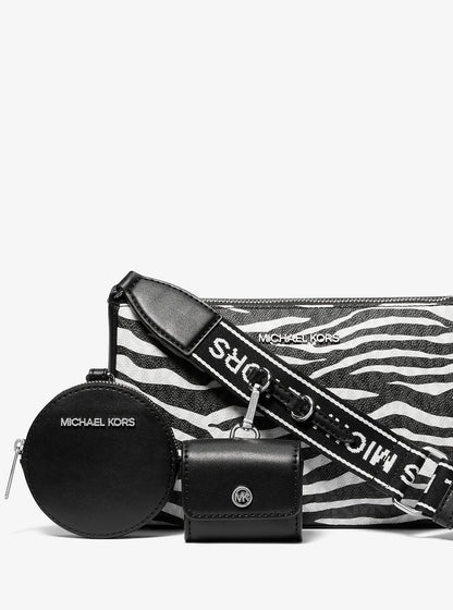 Jet Set Leather Medium Animal Print Logo Crossbody Bag with Case for Apple Airpods Pro® Black Black