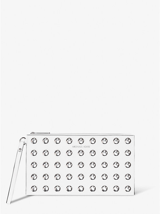 Micheal Kors Jet Set Large Studded Pebbled Leather Wristlet Optic White