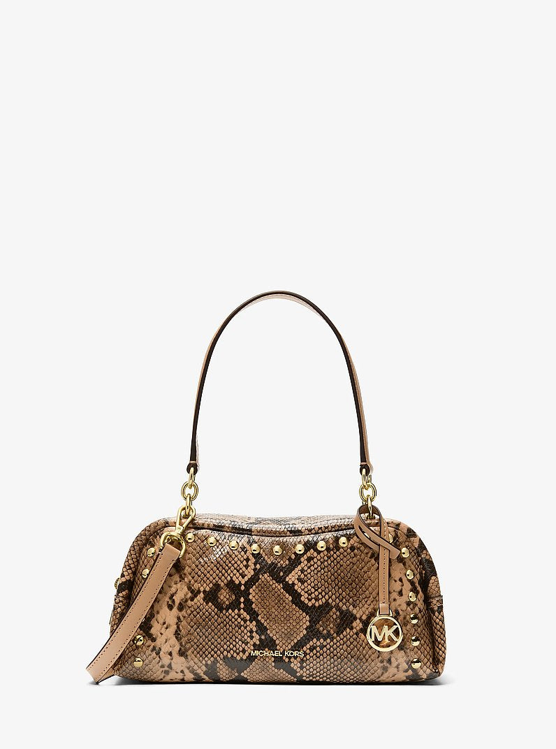 Cecily Small Studded Snake Embossed Shoulder Bag Camel Camel